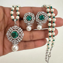 Pearl Silver CZ Diamond Pendent necklace with Earrings CZ Stones Necklace Set/Elegant/Unique Jewelry/Indian/Pakistani/Bollywood/Gift for her