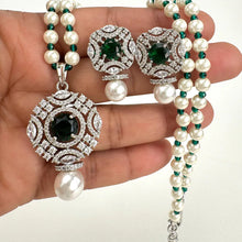 Pearl Silver CZ Diamond Pendent necklace with Earrings CZ Stones Necklace Set/Elegant/Unique Jewelry/Indian/Pakistani/Bollywood/Gift for her