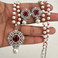 Pearl Silver CZ Diamond Pendent necklace with Earrings CZ Stones Necklace Set/Elegant/Unique Jewelry/Indian/Pakistani/Bollywood/Gift for her
