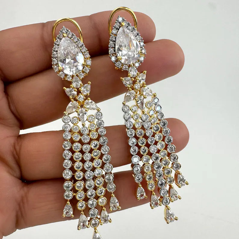 2 Tone Gold American Diamond earrings/Indian Jewelry/Pakistani Jewelry/Indian CZ earrings/AD earrings/Statement earrings/Gift for her