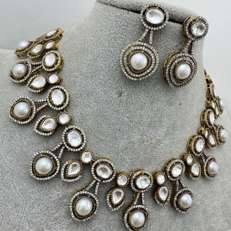 White Moissanite polki Kundan Necklace, Indian Bridal,Bollywood Designer Statement Sabyasachi Necklace, Indian Pakistani jewelry for wedding