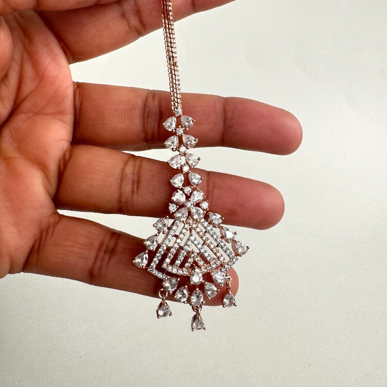 American Diamond Maang tikka/Indian Jewelry/ Indian Wedding Jewelry/ Pakistani Jewelry/ Jhoomer/ Matha patti/ Indian forehead jewelry