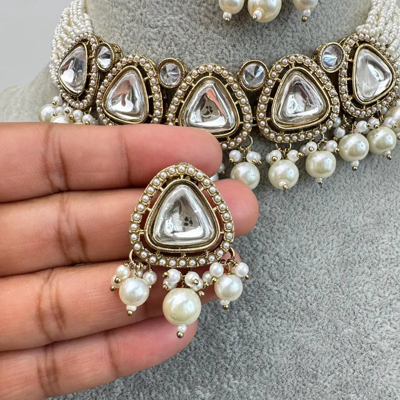White Pearl Kundan necklace set/Kundan Choker Necklace/Statement necklace/Indian/Punjabi Necklace/Pakistani Jewelry/Bridal necklace