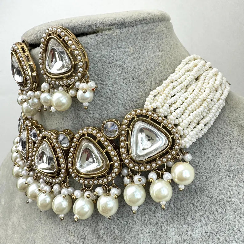 White Pearl Kundan necklace set/Kundan Choker Necklace/Statement necklace/Indian/Punjabi Necklace/Pakistani Jewelry/Bridal necklace