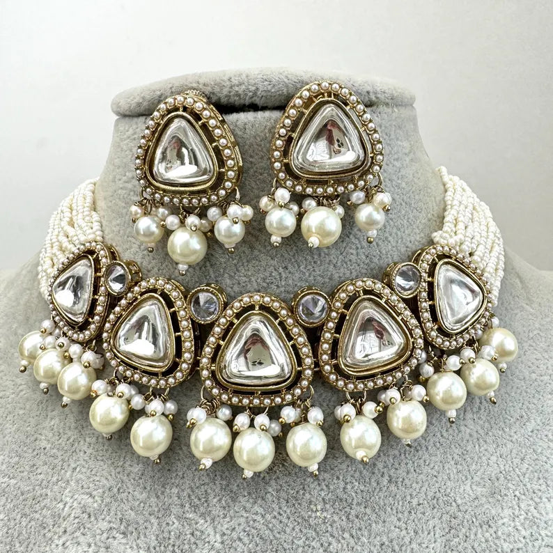 White Pearl Kundan necklace set/Kundan Choker Necklace/Statement necklace/Indian/Punjabi Necklace/Pakistani Jewelry/Bridal necklace