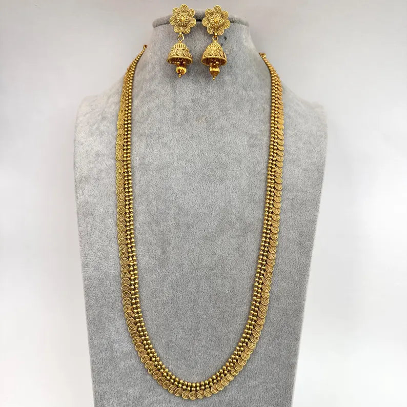 Antique Gold Long Necklace/Indian Necklace/South Indian Necklace/Long Necklace/ Indian Jewelry/Kasu mala/ long Haram