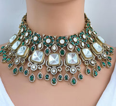 Green Bridal Mossinate Polki Victorian Necklace, Sabyasachi Necklace, Wedding necklace, Semi Precious Jewelry, Bollywood Celebrity Necklace