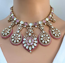 Pink Moissanite Polki Fusion Necklace, Sabyasachi Necklace, Wedding Necklace, Semi Precious Jewelry, Bollywood Celebrity Necklace, Pakistani