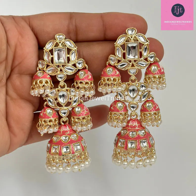 Bahubali Gold Pearl Meenakari Kundan Indian Long Jhumka earrings, Bollywood punjabi pakistani earrings for wedding jewelry