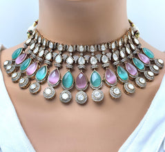 MintPink Bridal Mossinate Polki Victorian Necklace, Sabyasachi Necklace, Wedding necklace,Semi Precious Jewelry,Bollywood Celebrity Necklace