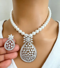 CZ American Diamond Pearl Mala Necklace With 2 Tone, Rhodium Plating, Indian Pakistani jewelry for wedding , Mala necklace