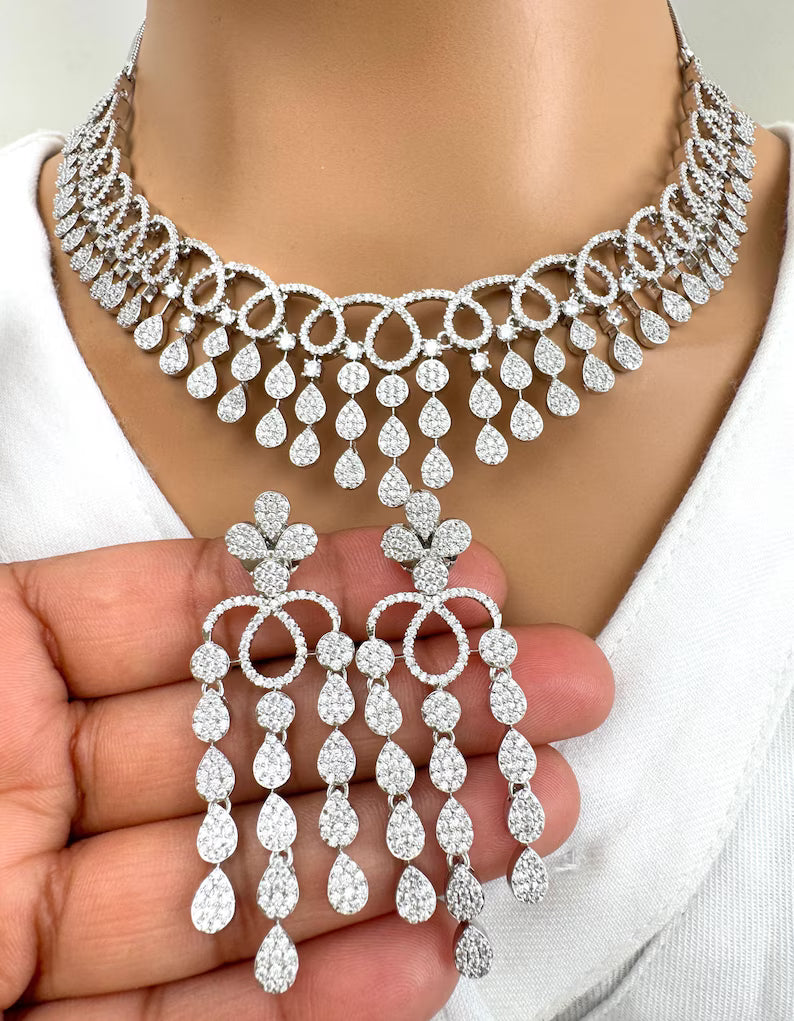 White silver American Diamond necklace/Delicate CZ Stones Necklace/Elegant/Unique Jewelry/Indian/Pakistani/Bollywood/Indian Wedding/Bridal