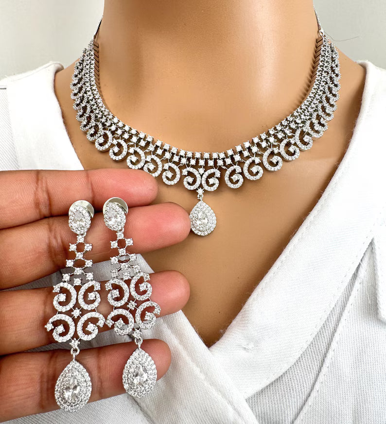 White silver American Diamond necklace/Delicate CZ Stones Necklace/Elegant/Unique Jewelry/Indian/Pakistani/Bollywood/Indian Wedding/Bridal