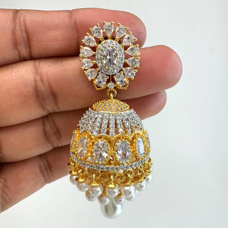 Cubic Zirconia Pearl Jhumki With 2 Tone Rhodium Plating, CZ diamond Jhumka/CZ Indian Jhumka/Pakistani Jewelry/Indian wedding/Gift for her