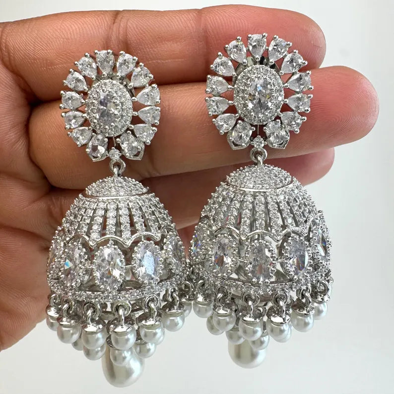Cubic Zirconia Pearl Jhumki With 2 Tone Rhodium Plating, CZ diamond Jhumka/CZ Indian Jhumka/Pakistani Jewelry/Indian wedding/Gift for her