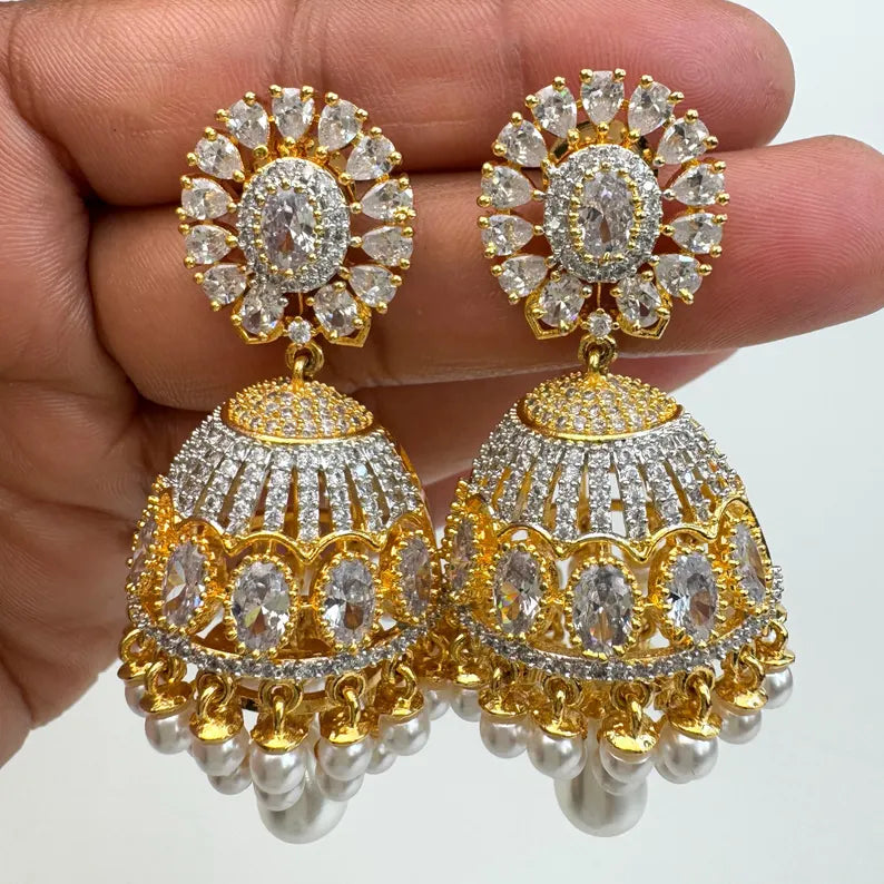 Cubic Zirconia Pearl Jhumki With 2 Tone Rhodium Plating, CZ diamond Jhumka/CZ Indian Jhumka/Pakistani Jewelry/Indian wedding/Gift for her