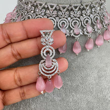 Pink Silver CZ Diamond Bridal necklace, American Diamond Necklace,Indian pakistani jewelry for wedding, gift for her,bridal jewelry