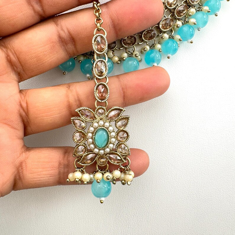 Auqa Blue Antique Polki Kundan necklace set/Reverse Ad Necklace/Statement necklace/Indian/Punjabi Necklace/Pakistani Jewelry/Bridal necklace