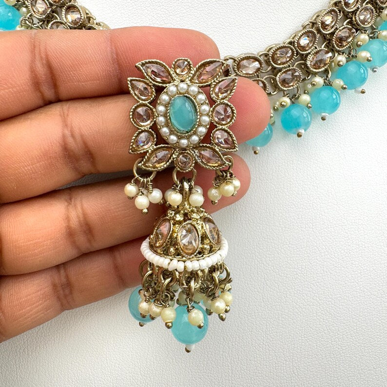 Auqa Blue Antique Polki Kundan necklace set/Reverse Ad Necklace/Statement necklace/Indian/Punjabi Necklace/Pakistani Jewelry/Bridal necklace
