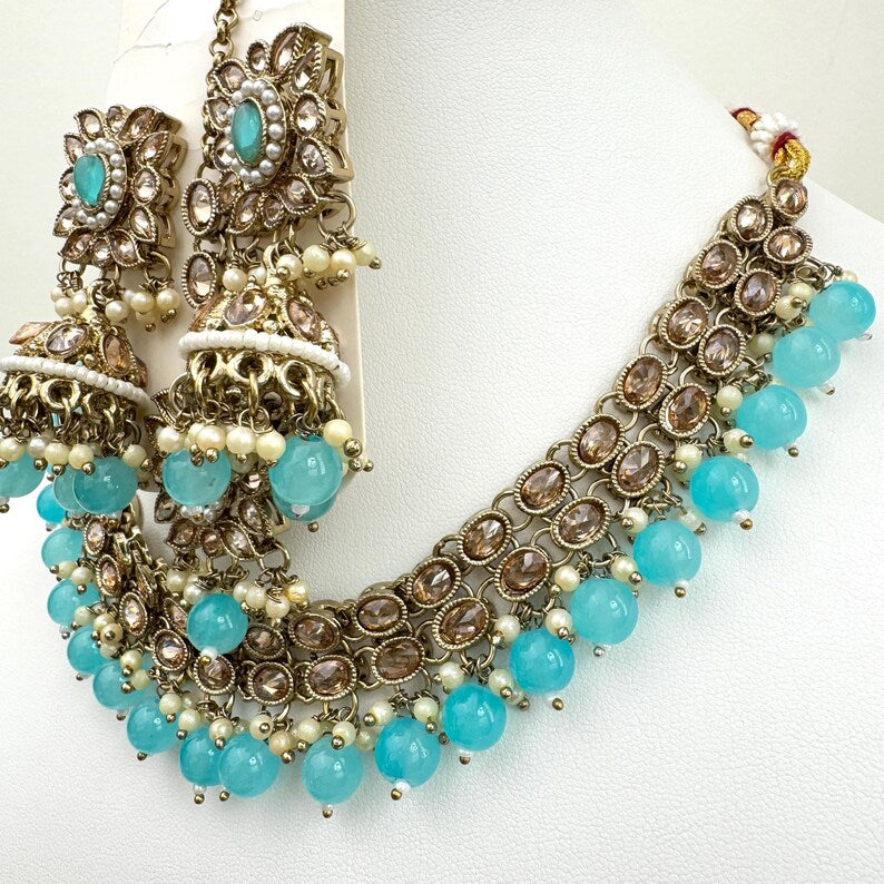 Auqa Blue Antique Polki Kundan necklace set/Reverse Ad Necklace/Statement necklace/Indian/Punjabi Necklace/Pakistani Jewelry/Bridal necklace