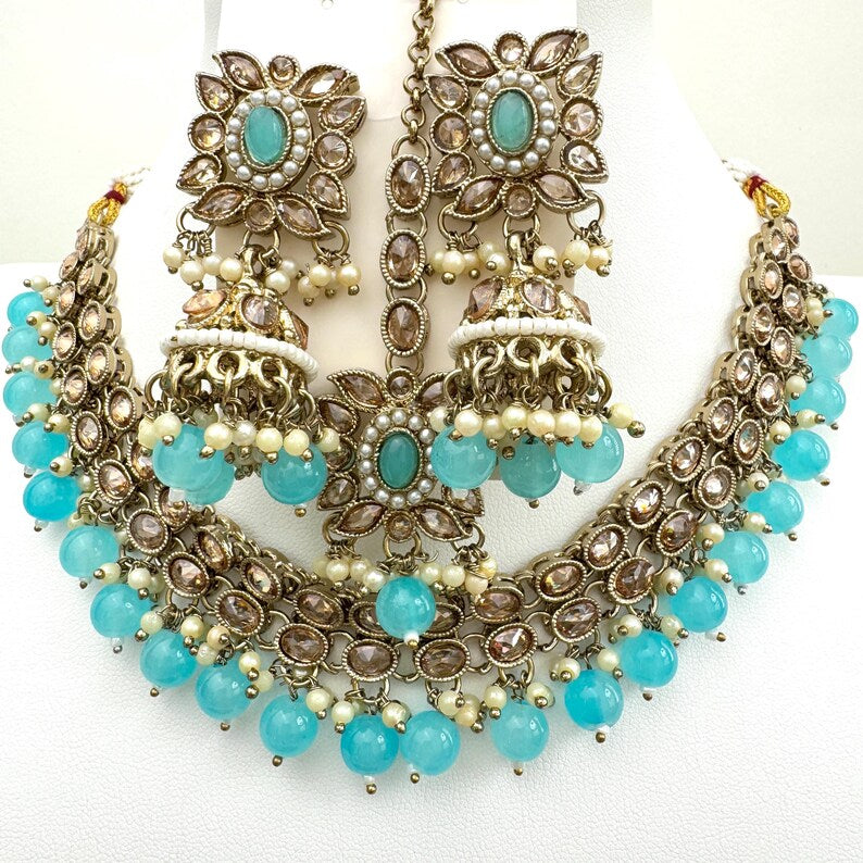 Auqa Blue Antique Polki Kundan necklace set/Reverse Ad Necklace/Statement necklace/Indian/Punjabi Necklace/Pakistani Jewelry/Bridal necklace