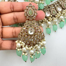 Mint Green Antique Polki Kundan Pearl Necklace with earrings and tikka, bridal necklace, Indian Punjabi Pakistani Wedding Jewelry