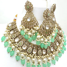 Mint Green Antique Polki Kundan Pearl Necklace with earrings and tikka, bridal necklace, Indian Punjabi Pakistani Wedding Jewelry