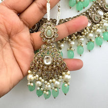 Mint Green Antique Polki Kundan Pearl Necklace with earrings and tikka, bridal necklace, Indian Punjabi Pakistani Wedding Jewelry