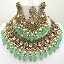 Mint Green Antique Polki Kundan Pearl Necklace with earrings and tikka, bridal necklace, Indian Punjabi Pakistani Wedding Jewelry