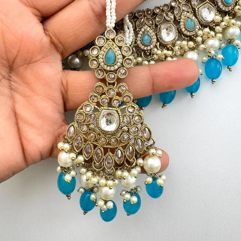 Aqua Blue Antique Polki Kundan Choker Necklace, Kundan Choker, Indian jewelry, Pakistani necklace, Punjabi , bridal,Indian wedding