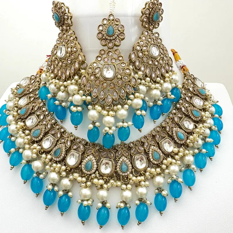 Aqua Blue Antique Polki Kundan Choker Necklace, Kundan Choker, Indian jewelry, Pakistani necklace, Punjabi , bridal,Indian wedding