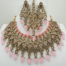 Pink Antique Polki Kundan Pearl Necklace with earrings and tikka, bridal necklace, Indian Pakistani Wedding Jewelry
