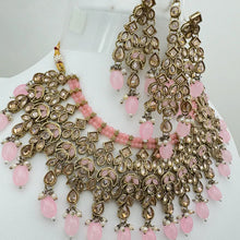 Pink Antique Polki Kundan Pearl Necklace with earrings and tikka, bridal necklace, Indian Pakistani Wedding Jewelry