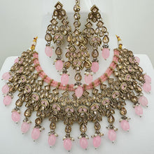 Pink Antique Polki Kundan Pearl Necklace with earrings and tikka, bridal necklace, Indian Pakistani Wedding Jewelry