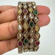 Set of 4 Polki Kundan Gold finish Bangles Set mix Sizes Punjabi Pearl bangles Set/Bridal bangles/Antique bangles/Polki Reverse AD bangles