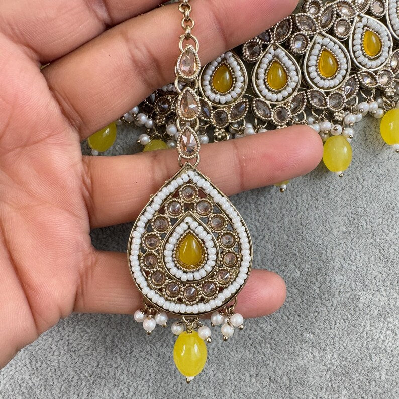 Yellow Antique Polki Kundan necklace/Indian Jewelry/Pakistani Jewelry set/Weddings necklace/Bridal necklace/Reverse AD Set