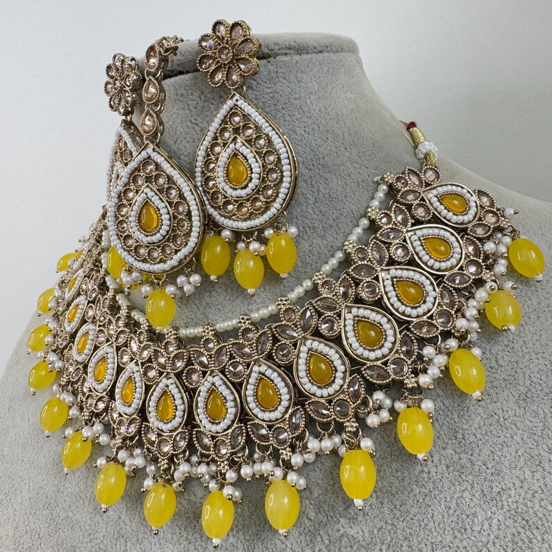Yellow Antique Polki Kundan necklace/Indian Jewelry/Pakistani Jewelry set/Weddings necklace/Bridal necklace/Reverse AD Set