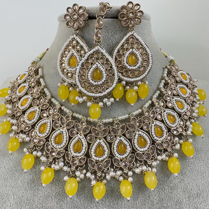 Yellow Antique Polki Kundan necklace/Indian Jewelry/Pakistani Jewelry set/Weddings necklace/Bridal necklace/Reverse AD Set