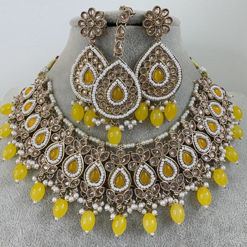 Yellow Antique Polki Kundan necklace/Indian Jewelry/Pakistani Jewelry set/Weddings necklace/Bridal necklace/Reverse AD Set