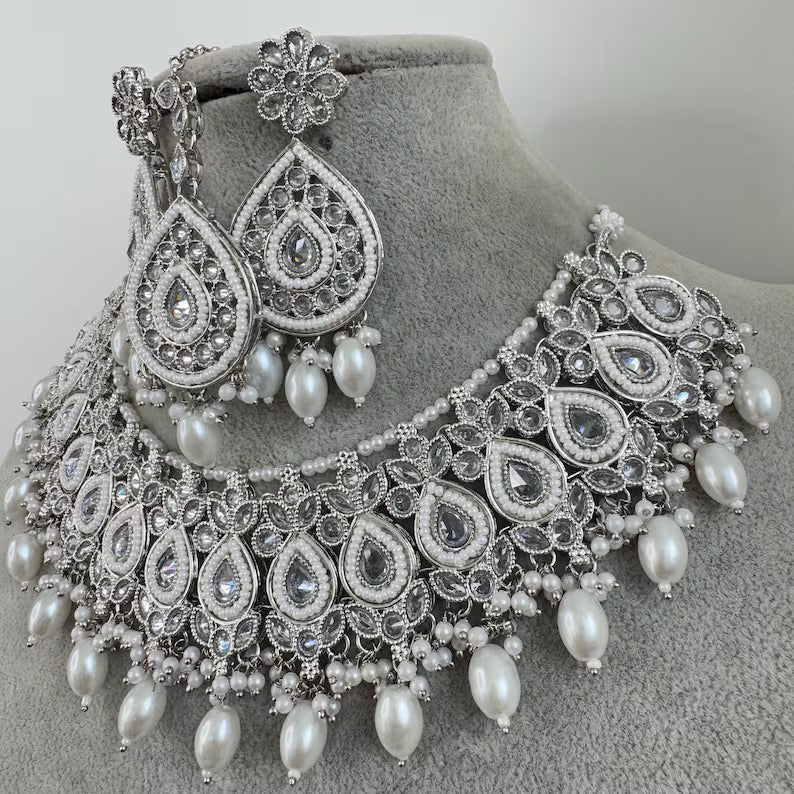 White Silver Polki Kundan necklace/Indian Jewelry/Pakistani Jewelry set/Weddings necklace/Bridal necklace/Reverse AD Set
