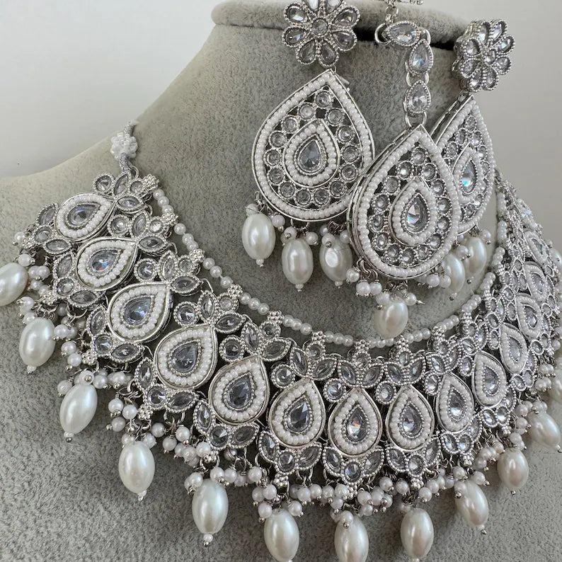 White Silver Polki Kundan necklace/Indian Jewelry/Pakistani Jewelry set/Weddings necklace/Bridal necklace/Reverse AD Set