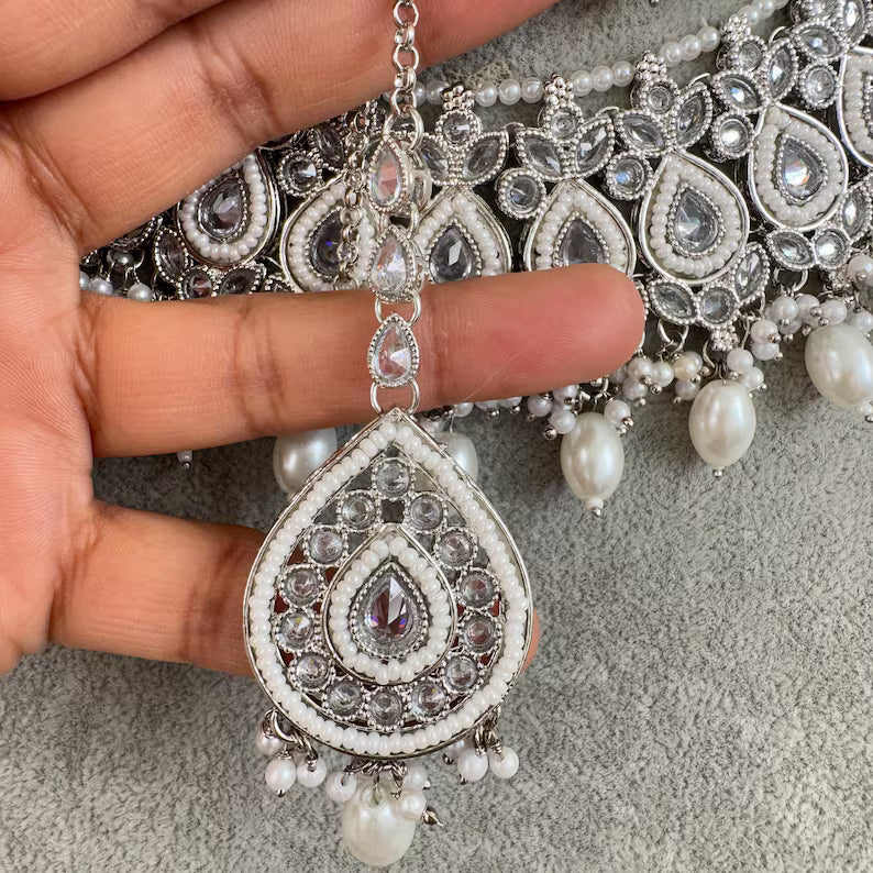 White Silver Polki Kundan necklace/Indian Jewelry/Pakistani Jewelry set/Weddings necklace/Bridal necklace/Reverse AD Set