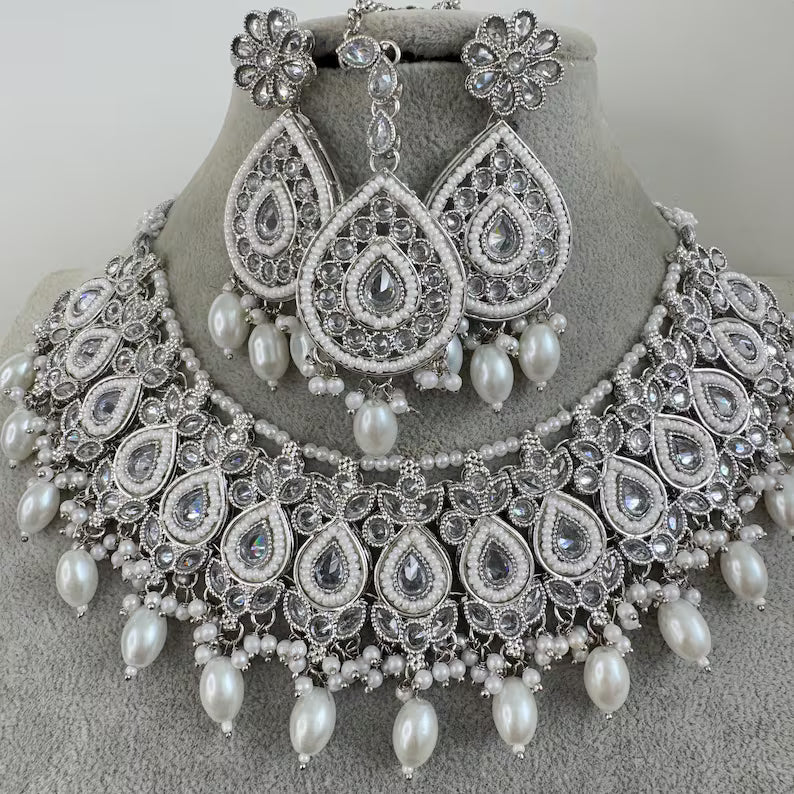 White Silver Polki Kundan necklace/Indian Jewelry/Pakistani Jewelry set/Weddings necklace/Bridal necklace/Reverse AD Set