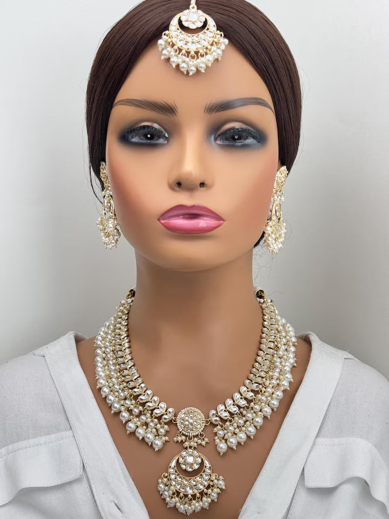 White Pearl Kundan Necklace Set/ Kundan Jewelry/ Bollywood Jewelry/ Indian Jewelry/ Pakistani necklace/Punjabi/bridal /Indian wedding