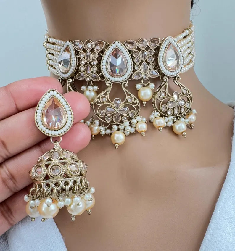 White Antique Polki Kundan Necklace, Kundan Choker, Indian jewelry, Pakistani necklace, punjabi necklace, bridal, indian wedding