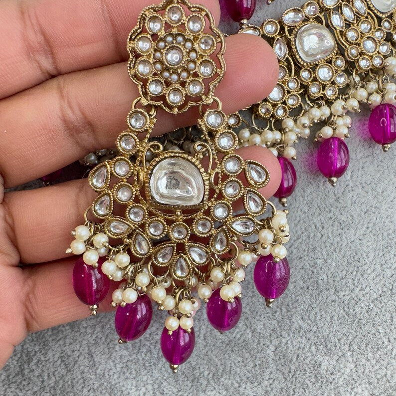 Wine Purple Antique Kundan Pearl Necklace with earrings and tikka, bridal necklace, Indian Pakistani Wedding Jewelry, Kundan Necklace