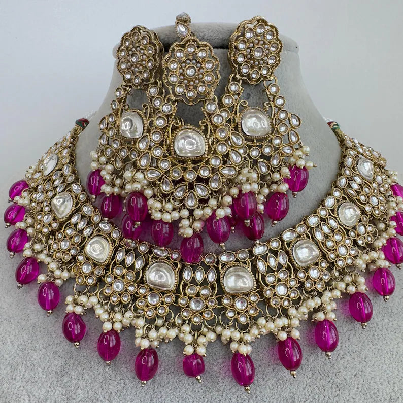 Wine Purple Antique Kundan Pearl Necklace with earrings and tikka, bridal necklace, Indian Pakistani Wedding Jewelry, Kundan Necklace