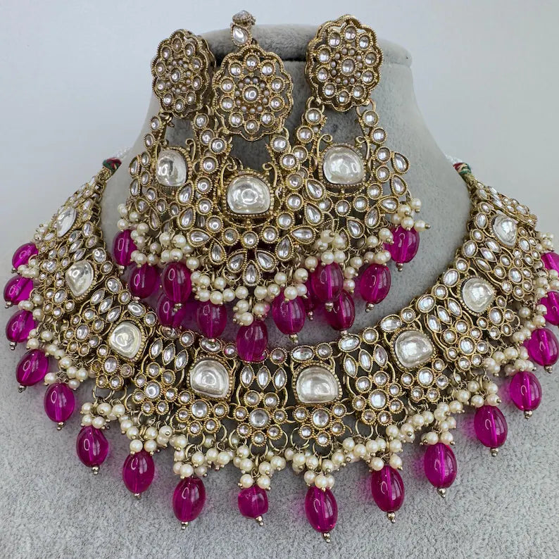 Wine Purple Antique Kundan Pearl Necklace with earrings and tikka, bridal necklace, Indian Pakistani Wedding Jewelry, Kundan Necklace