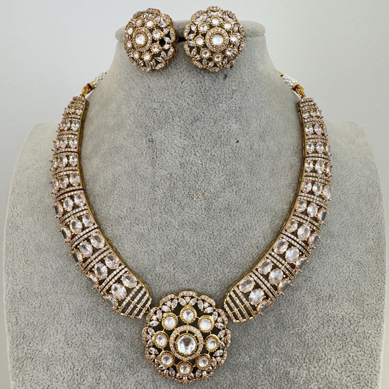 White Victorian Moissanite polki Cz diamond Necklace, Indian Bridal Jewelry, Bollywood Sabyasachi Designer necklace, Pakistani Wedding