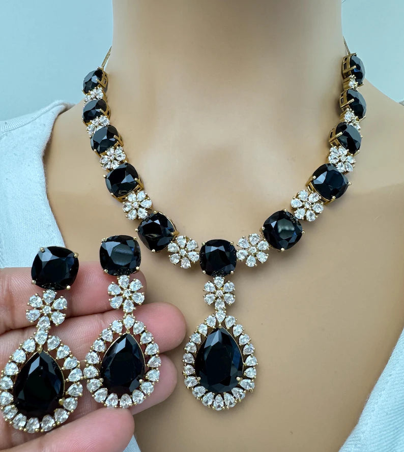 Black TearDrop CZ diamond Necklace, Indian CZ diamond, Prom Jewelry, Mother of the Bride Teardrop Necklace, Bridesmaid, Graduation gift